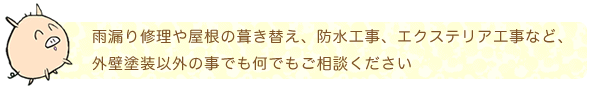 雨漏り修理屋屋根の葺き替え、防水工事、エクステア工事など、外壁塗装以外の事でも何でもご相談ください。